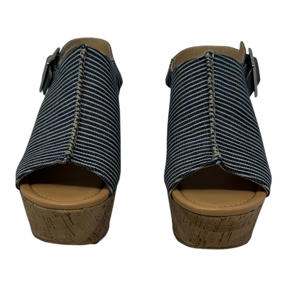 Marc Fisher Sinthya Blue Stripe Denim Cork Wedge Slingback Sandals 7.5 - Picture 7 of 11